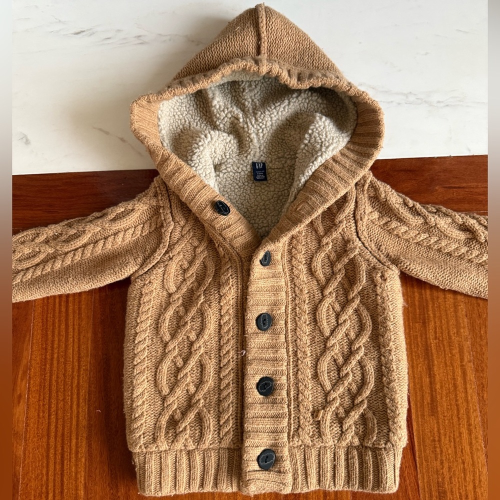 Baby GAP Boys Cable Knit Sweater Sherpa coat jacket Kids Cardigan Size 4 Year